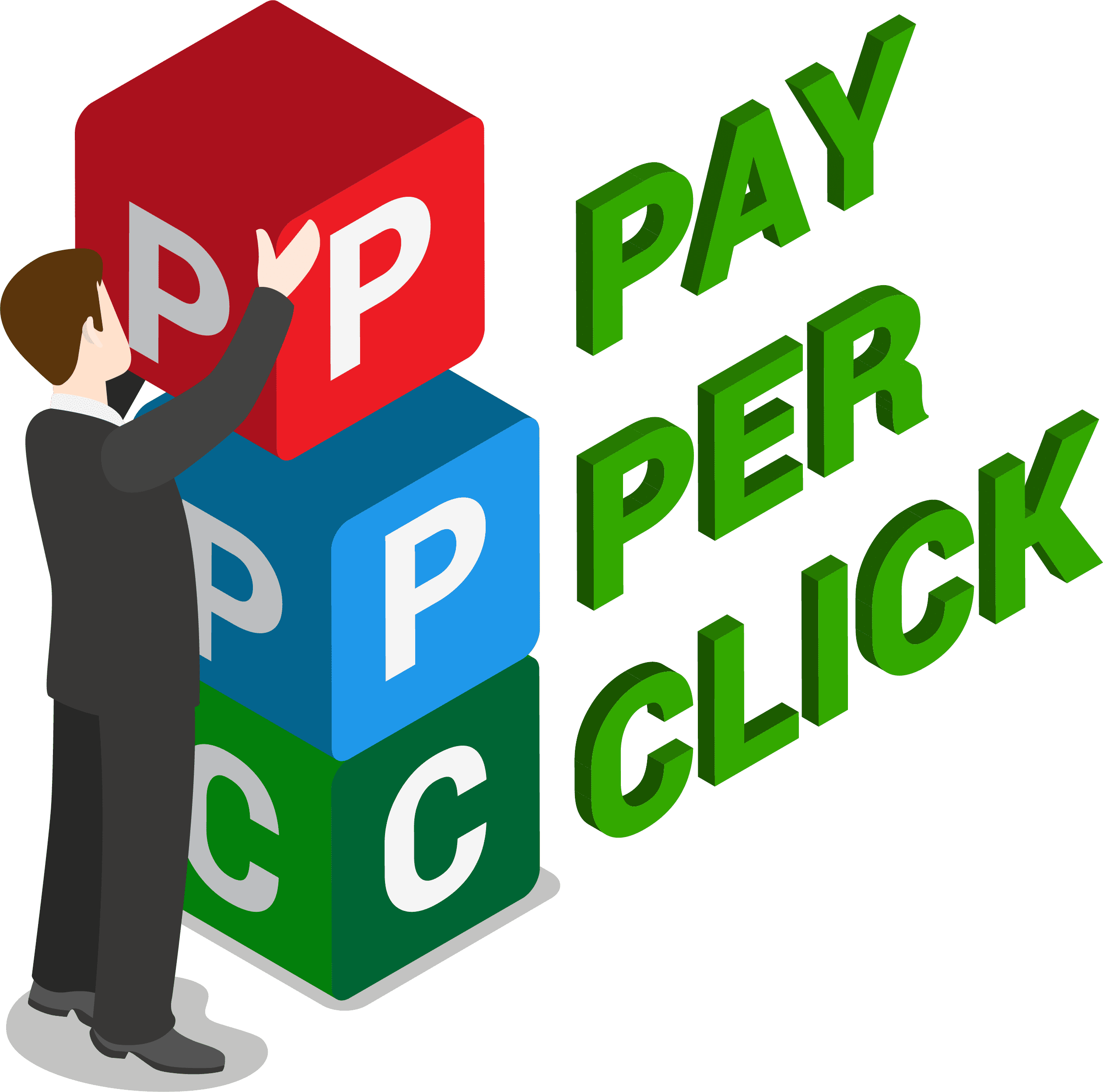 Pay Per Click concept showing PPC blocks, explaining how targeted ads work through keyword selection, ad creation, and paying only for clicks.